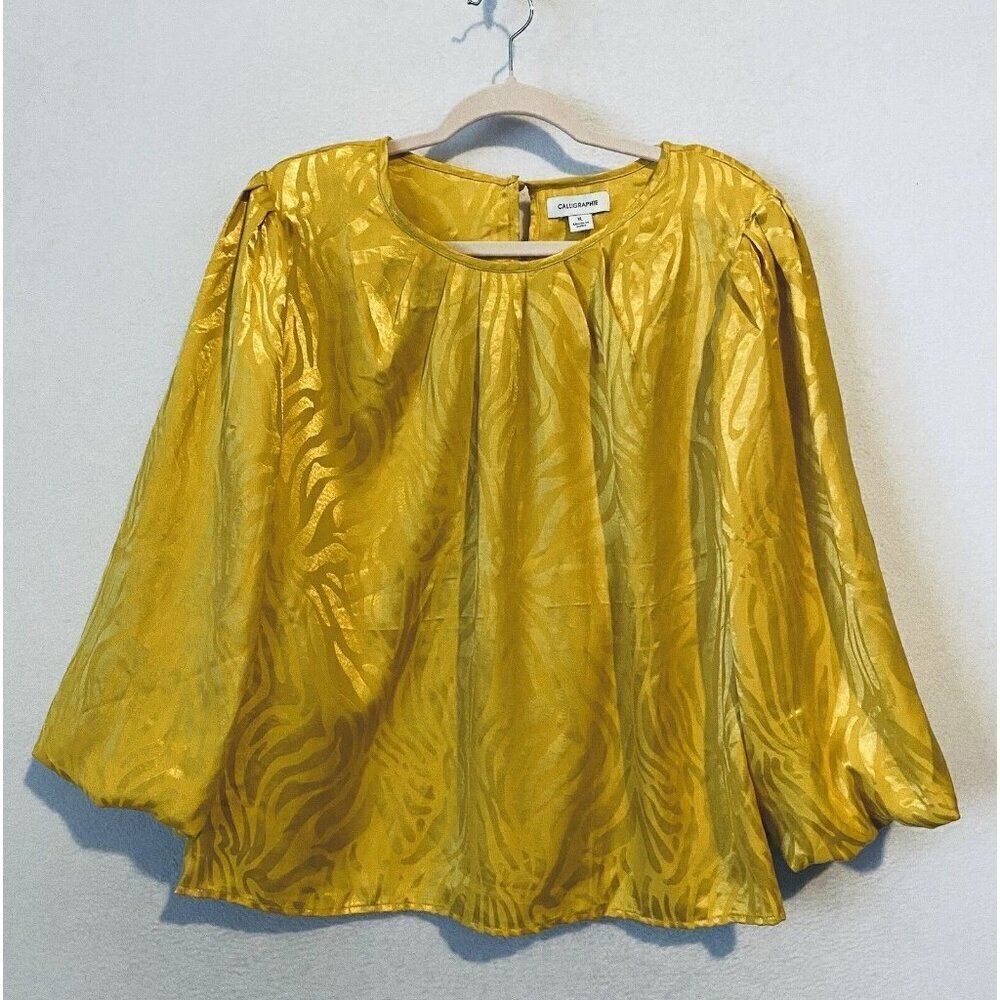 Calligraphie Top Womens XL Mustard Yellow Patterned Silky Puffy Sleeve Pleated